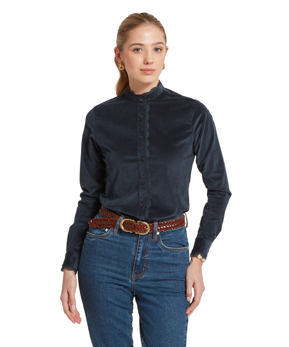 Thetford cord shirt blueberry navy blue velvet button-down shirt with lace trim at collar and cuffs