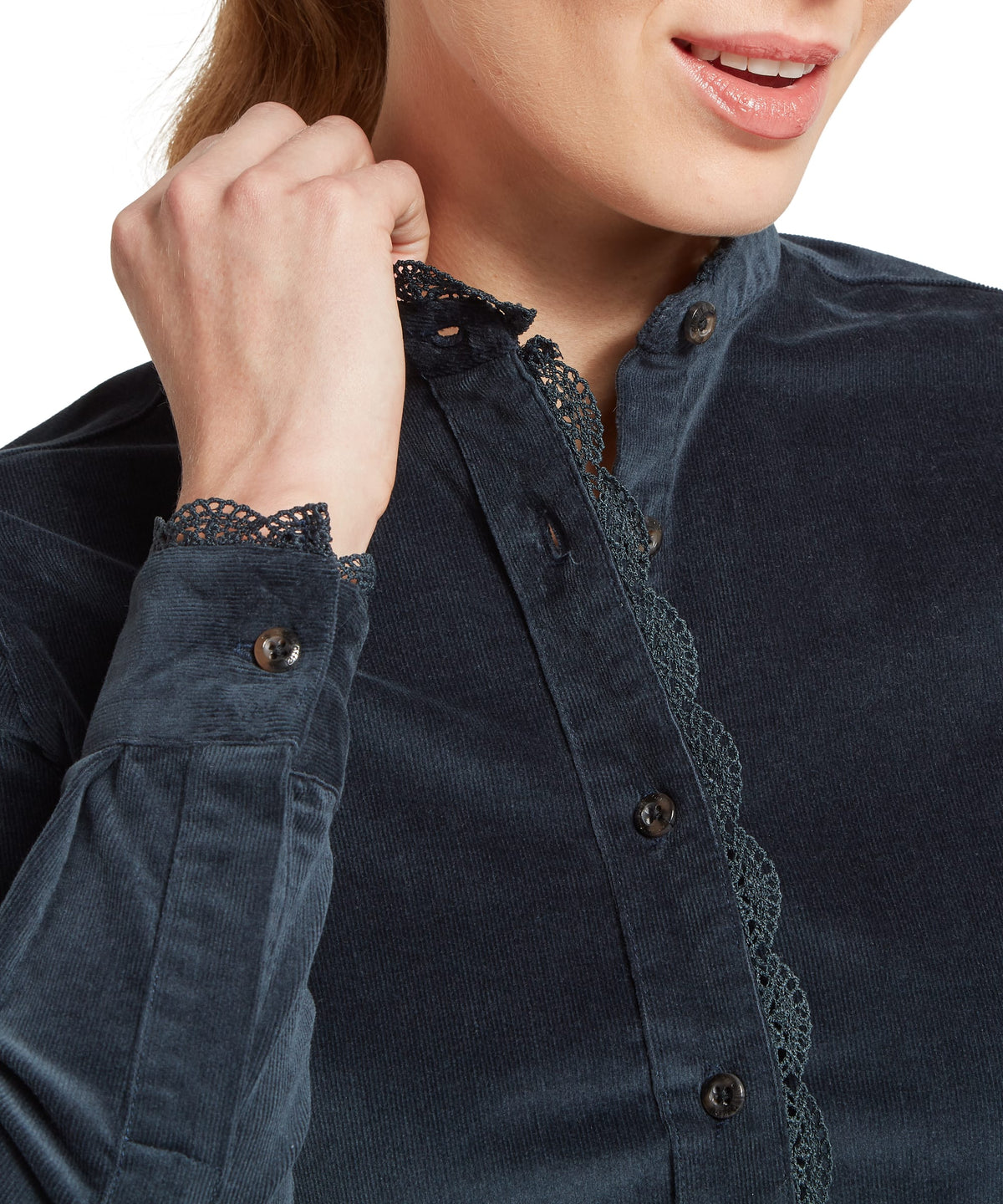 Thetford cord shirt blueberry dark blue corduroy blouse with black lace trim on collar and cuffs