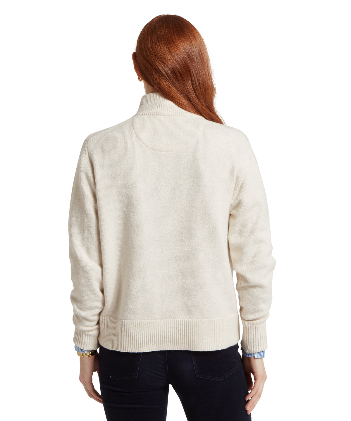 Cream-colored ribbed knit turtleneck sweater with classic tailored fit in soft white thoralby