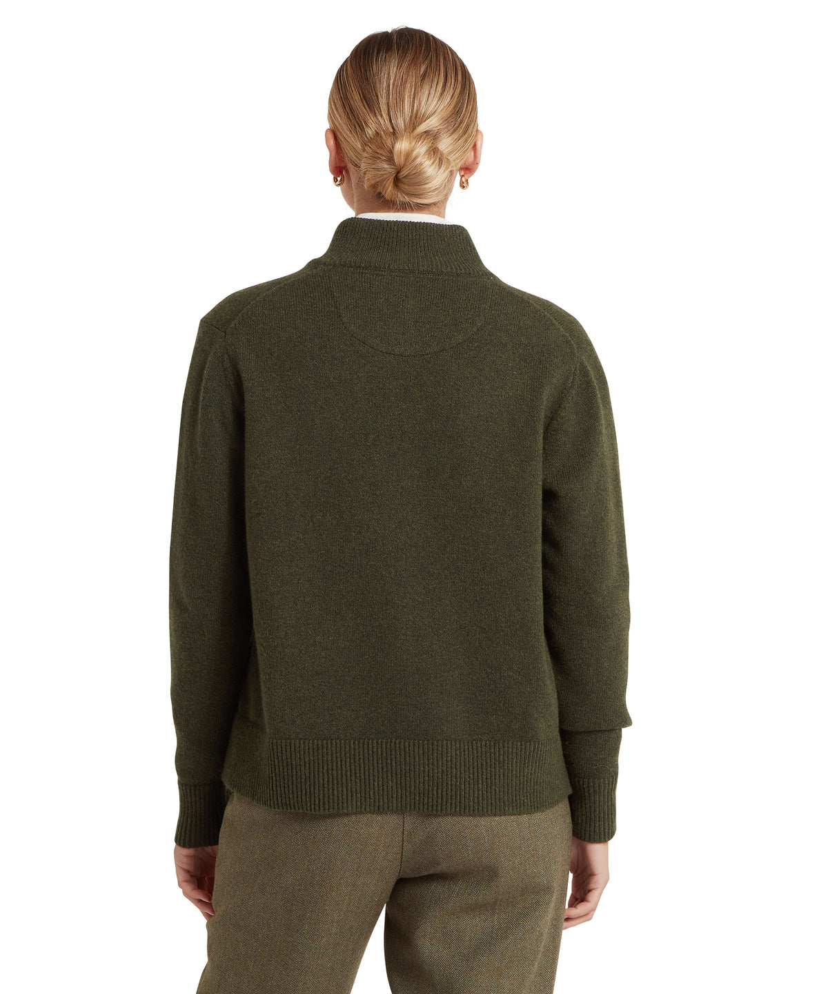 Olive green knit Thoralby quarter zip jumper with high collar and ribbed cuffs in loden color