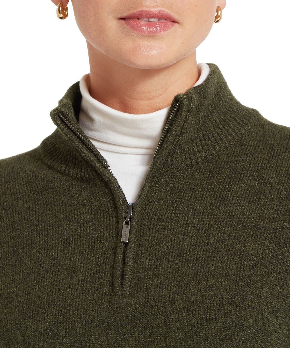 Olive green ribbed knit thoralby quarter zip jumper layered over a white turtleneck for casual
