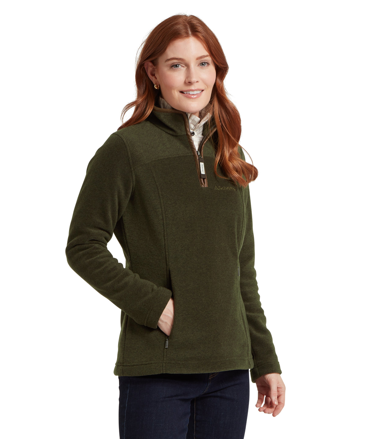 Dark olive tilton II quarter zip fleece jacket with subtle brand logo on left chest for outdoor