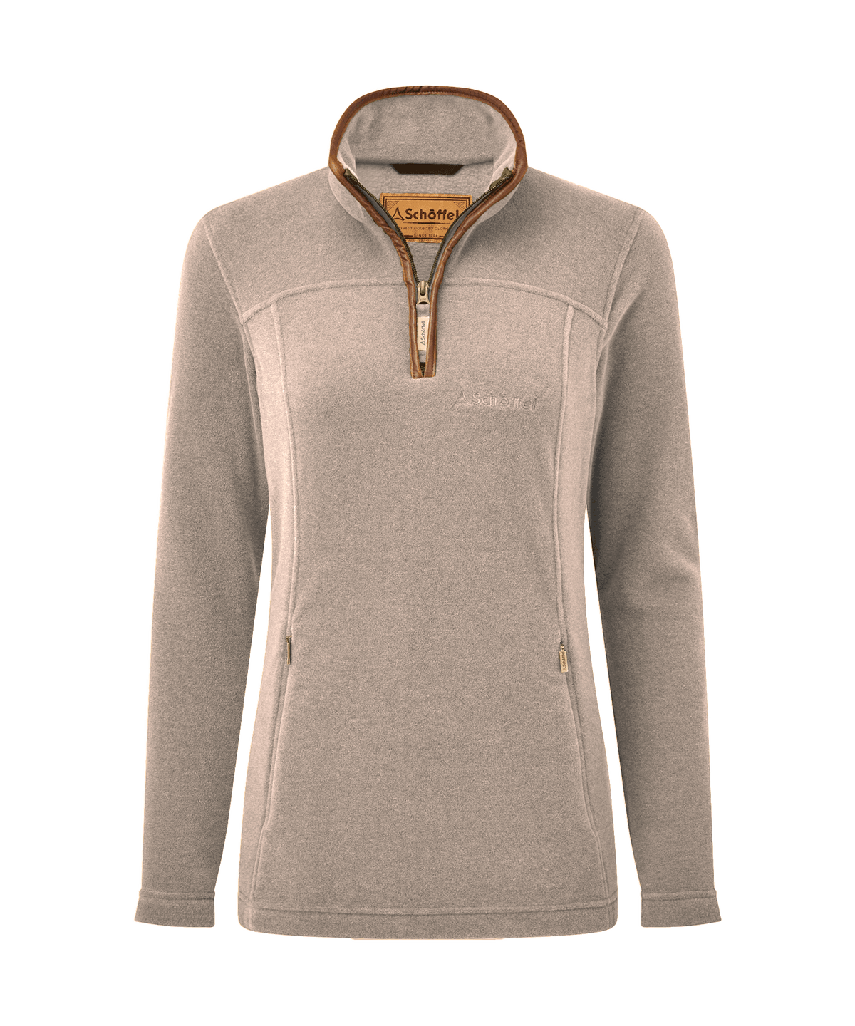 Beige schöffel women’s Tilton II quarter zip fleece jacket with brown trim and subtle stitching