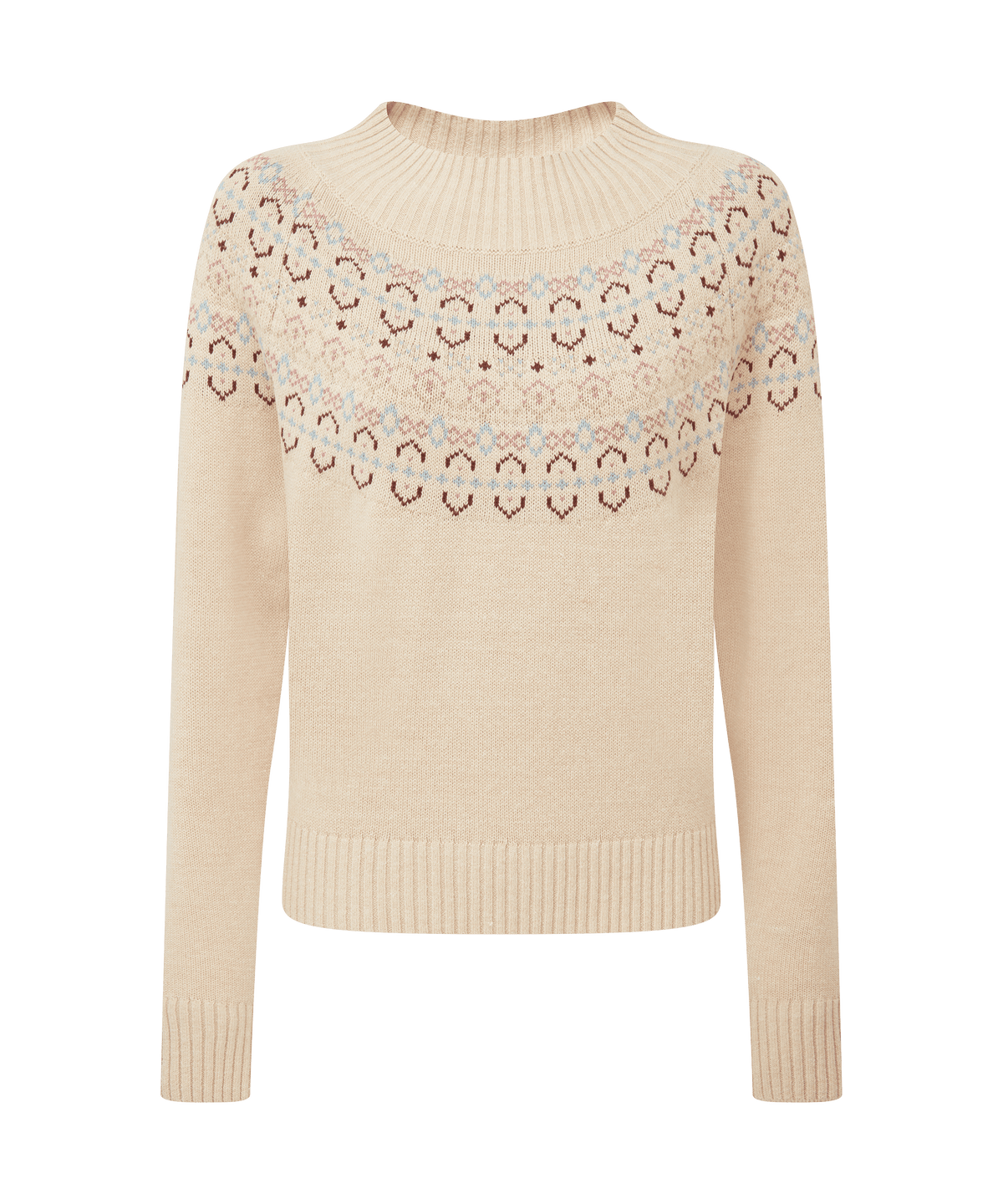 Cream-colored Tresness fairisle jumper in knit with geometric and heart embroidery in muted brown
