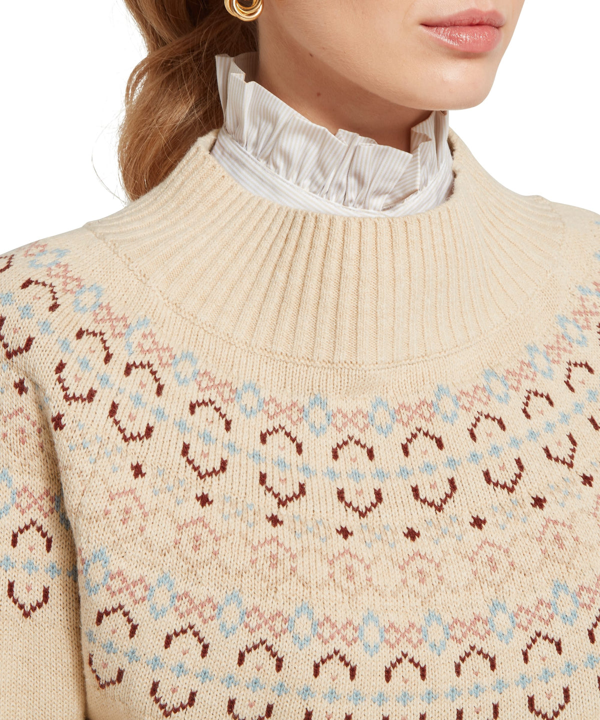 Cream-colored Tresness Fairisle jumper knit sweater with ribbed crew neck and geometric patterns