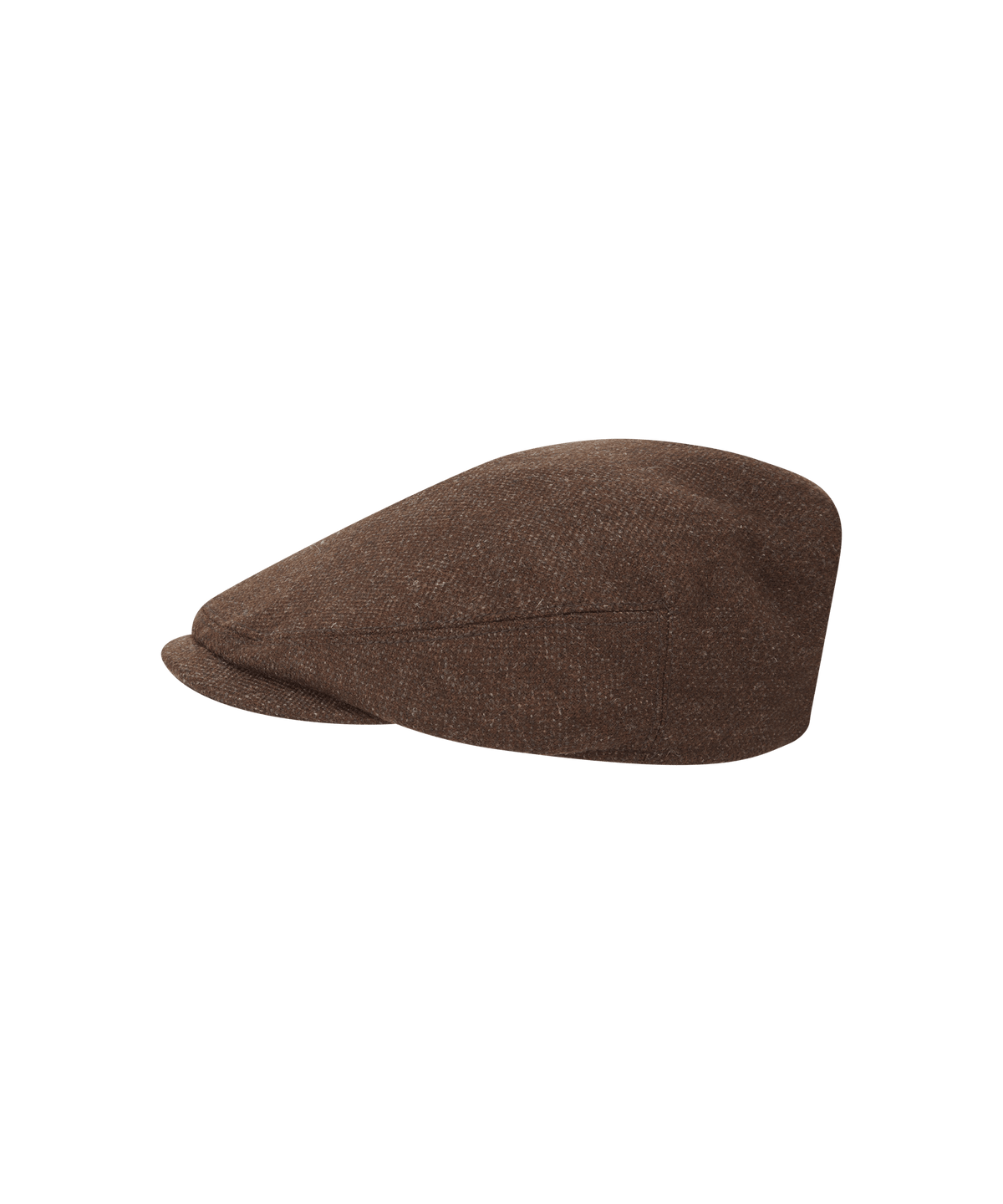 Women’s tweed cap in chocolate herringbone tweed with a structured brown flat cap design and subtle