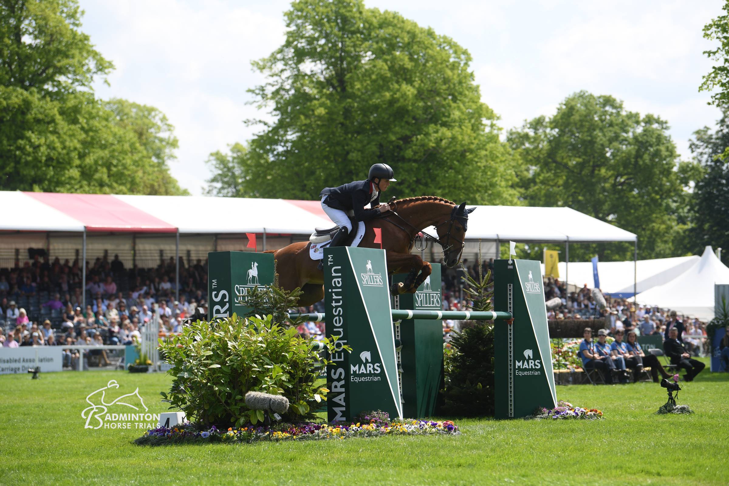 Brown horse and rider jumping green barriers at MARS Badminton Horse Trials