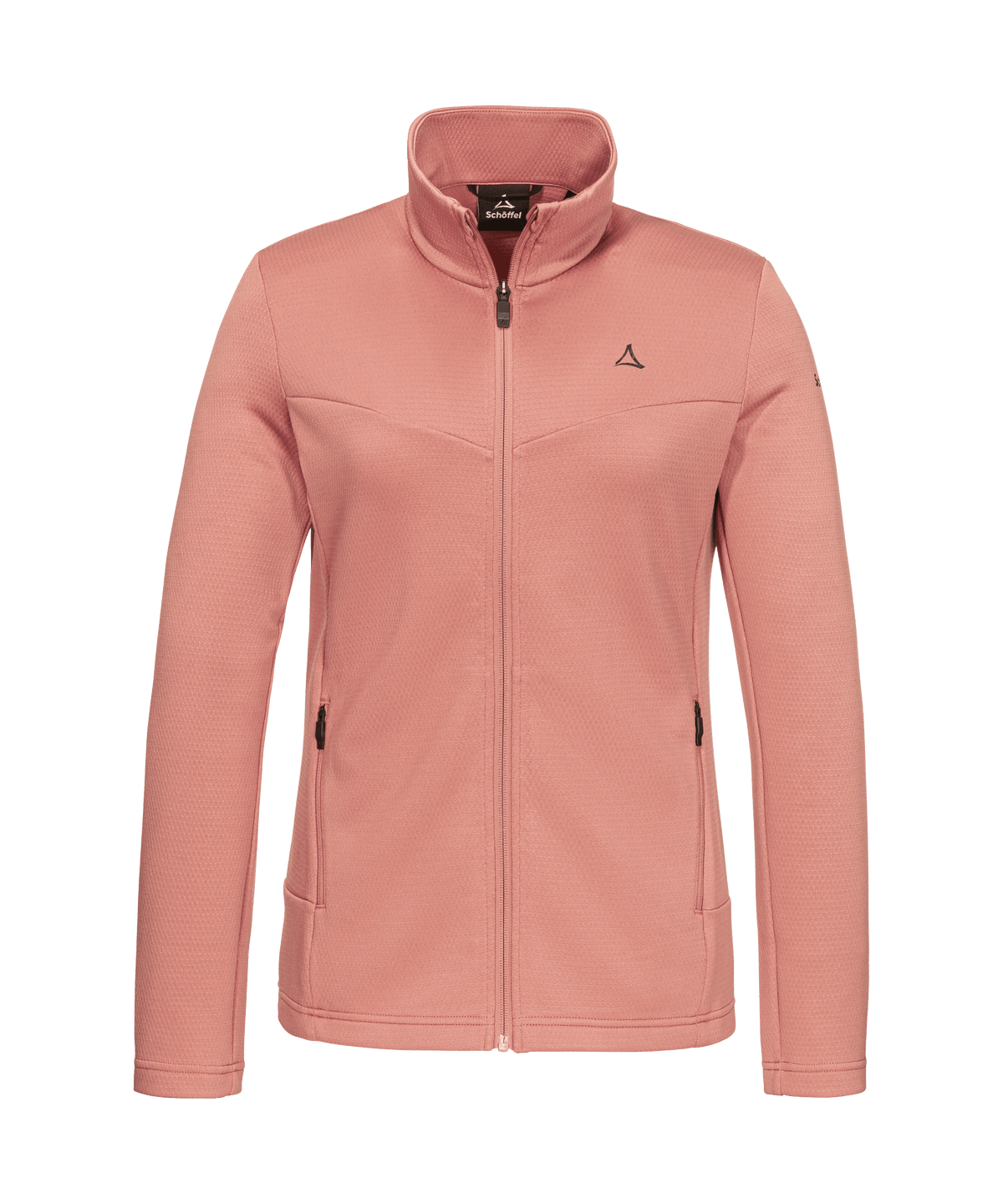 Women’s pine fleece jacket ashed rose soft pink full-zip fleece with high collar and subtle black