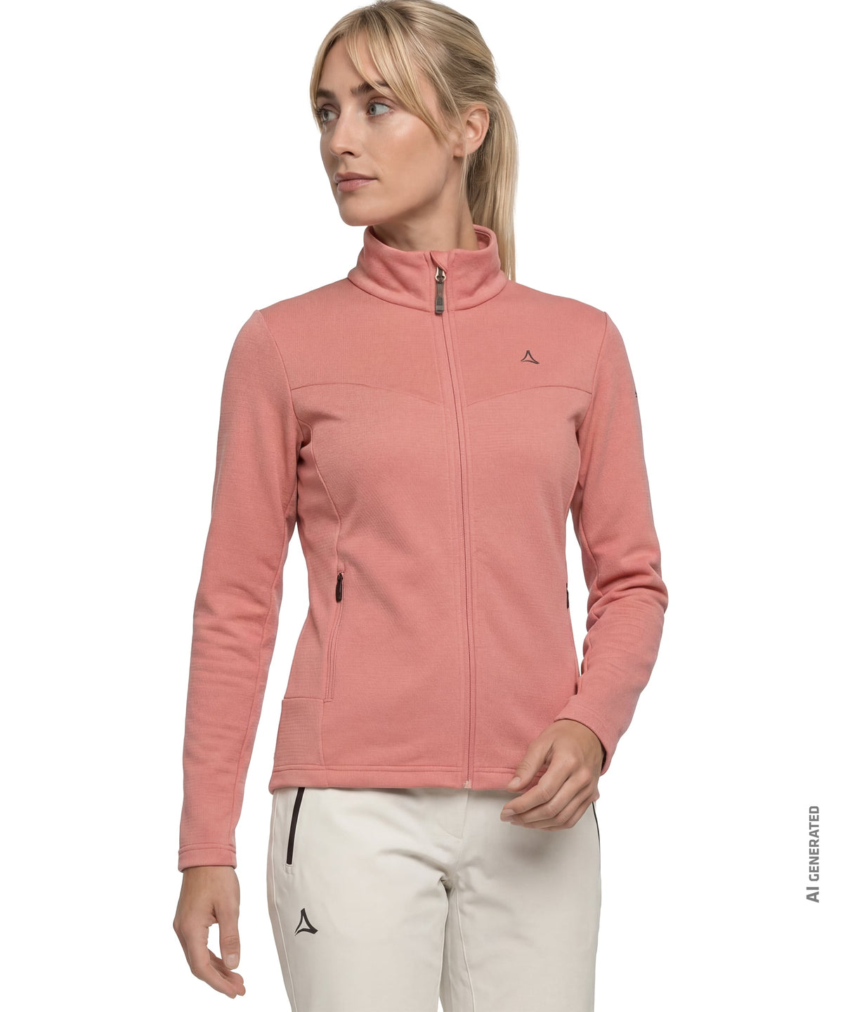 Women’s pine fleece jacket in ashed rose soft pink with full zip, high collar
