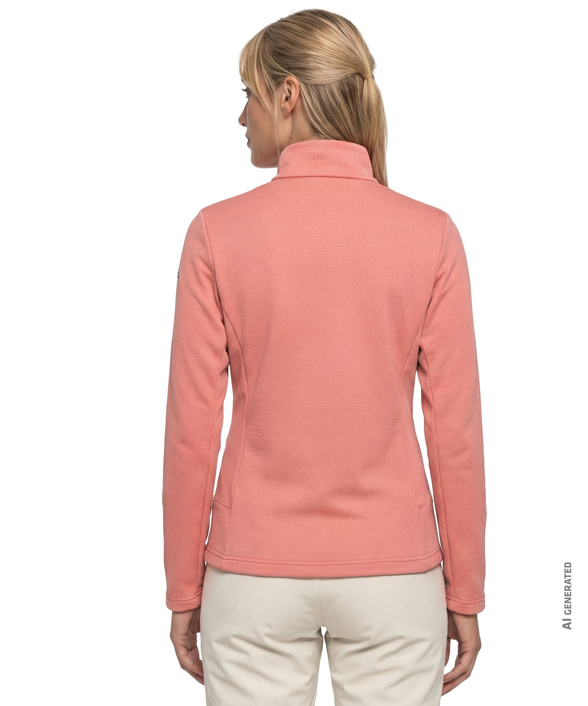 A coral-colored ashed rose women’s pine fleece jacket with long sleeves high collar and subtle seam
