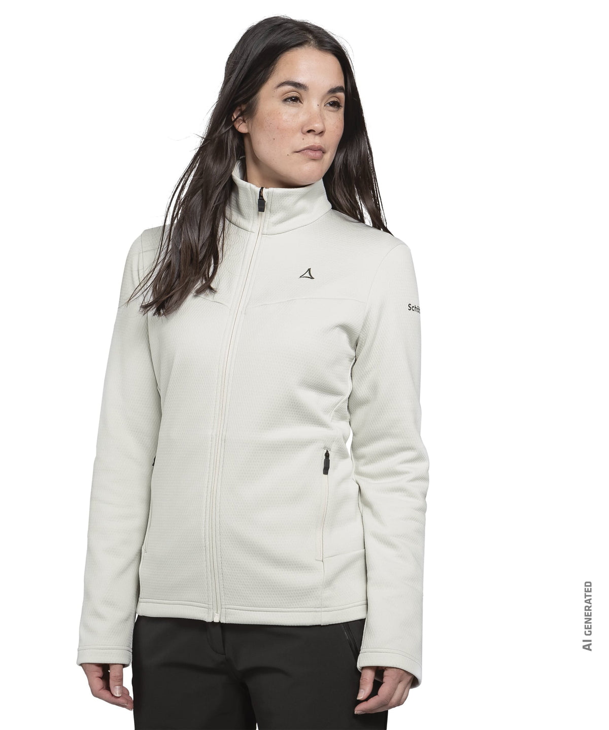 Cream-colored womens soft-shell pine fleece jacket with high collar and black zipper accents Nordic