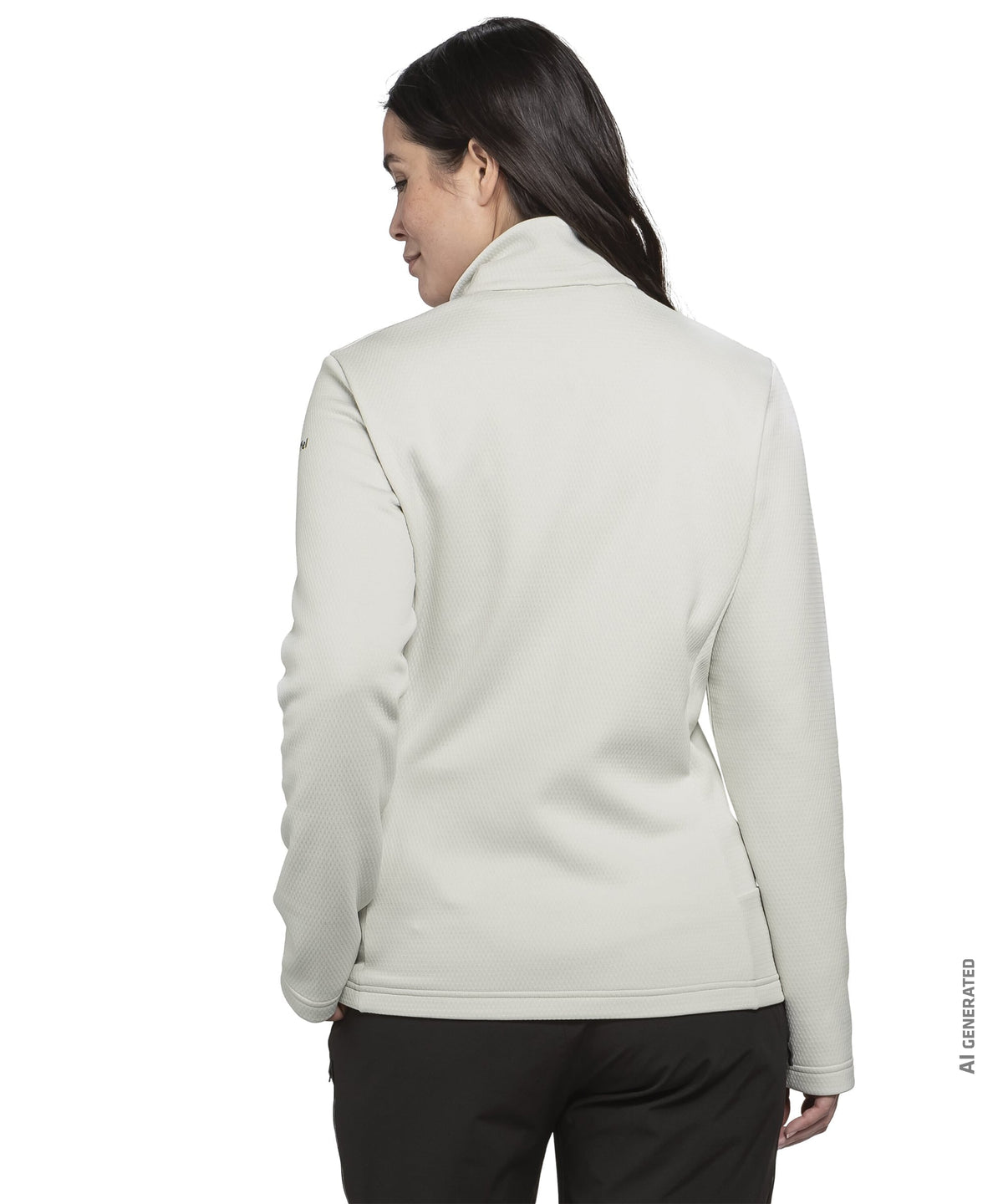 A cream-colored women’s pine fleece jacket with long sleeves, high collar