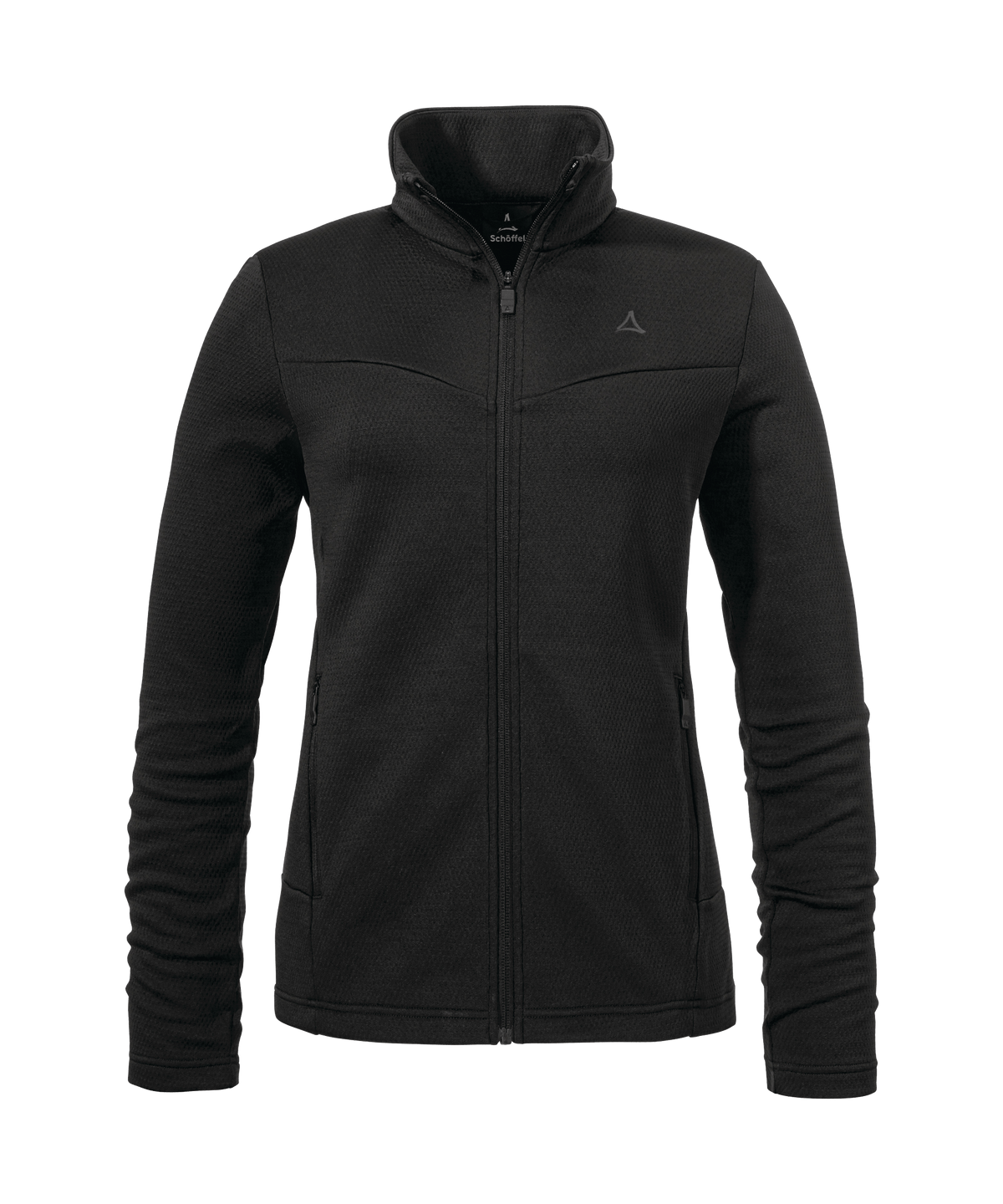 Women’s pine fleece jacket black with high collar front zipper and subtle gray branding on chest