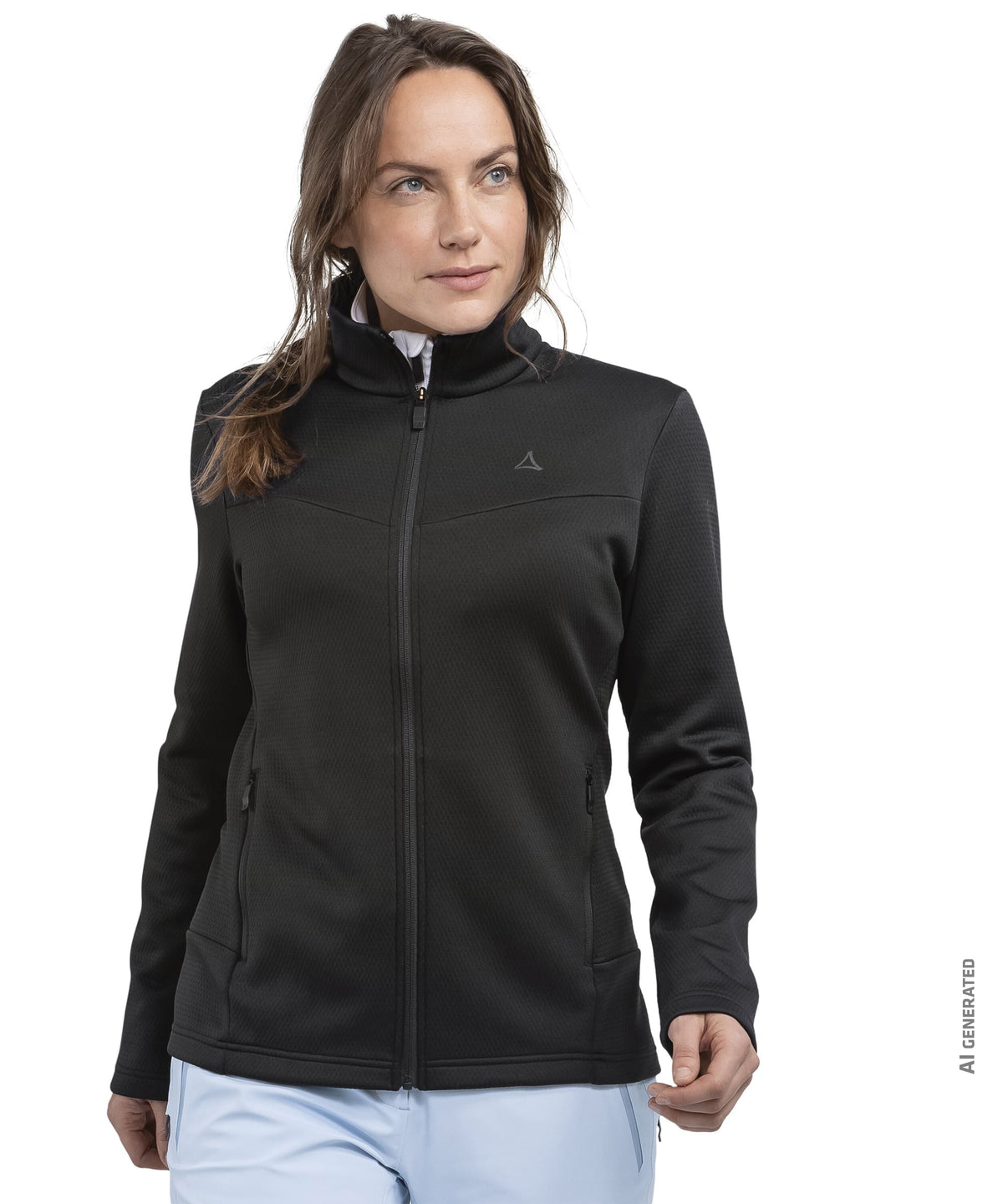 Women’s pine fleece jacket in black with zip-up front and subtle gray logo on the left chest