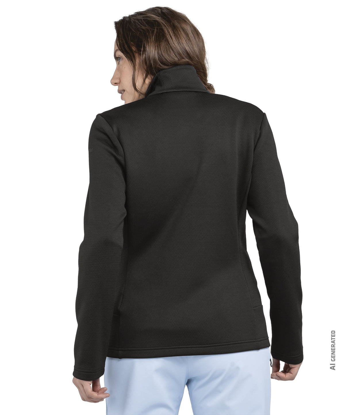 Women’s black pine fleece jacket with high collar zip-up front and long sleeves for warmth