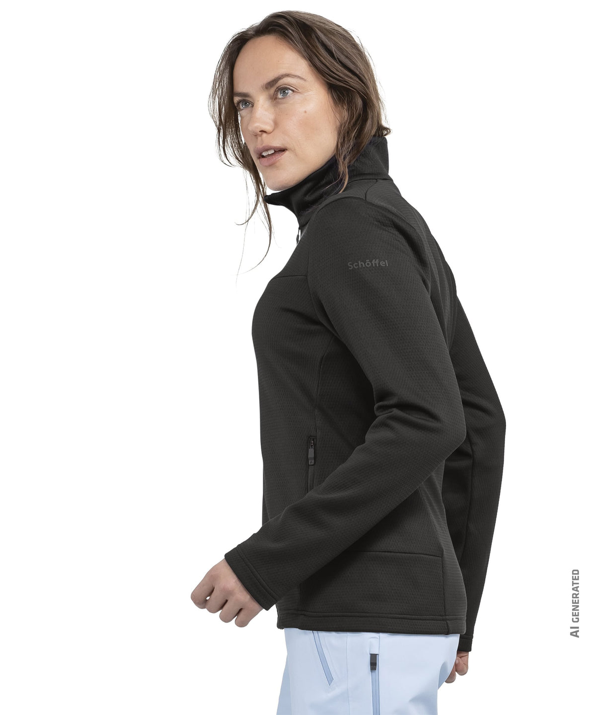 Women’s black pine fleece softshell jacket with subtle brand logo on shoulder for outdoor wear