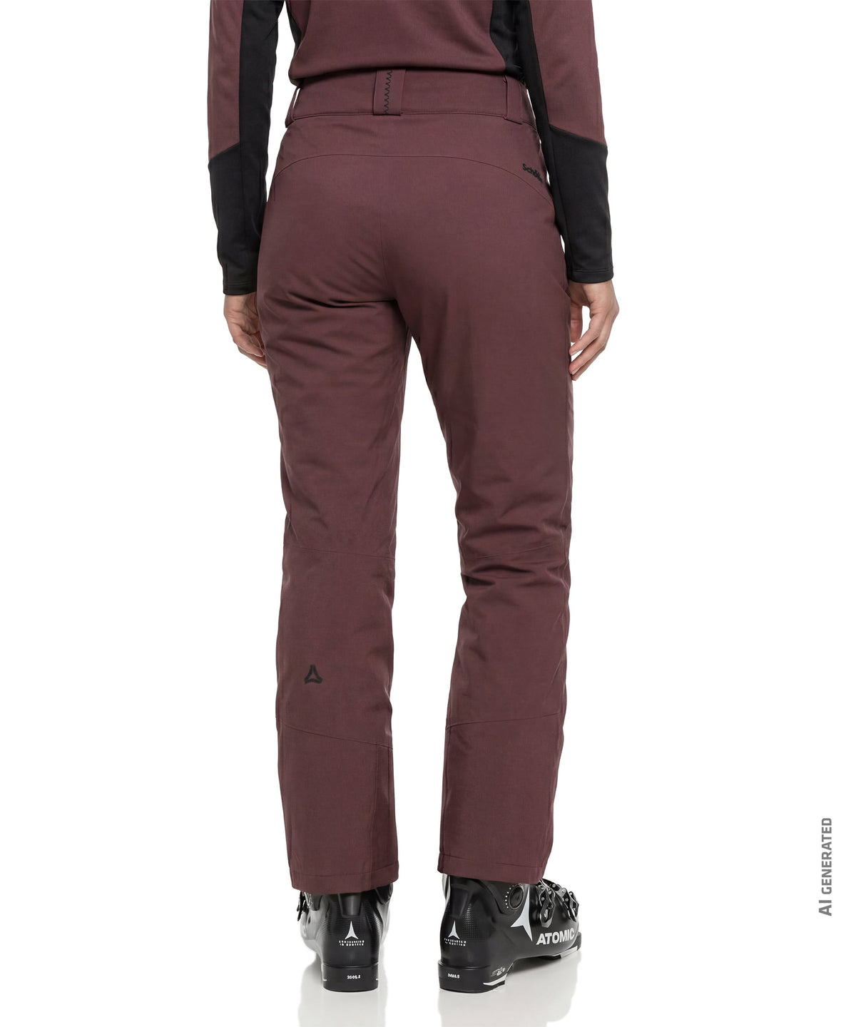 Women’s Pine pants in dark twilight maroon with black accents featuring a sleek modern ski design