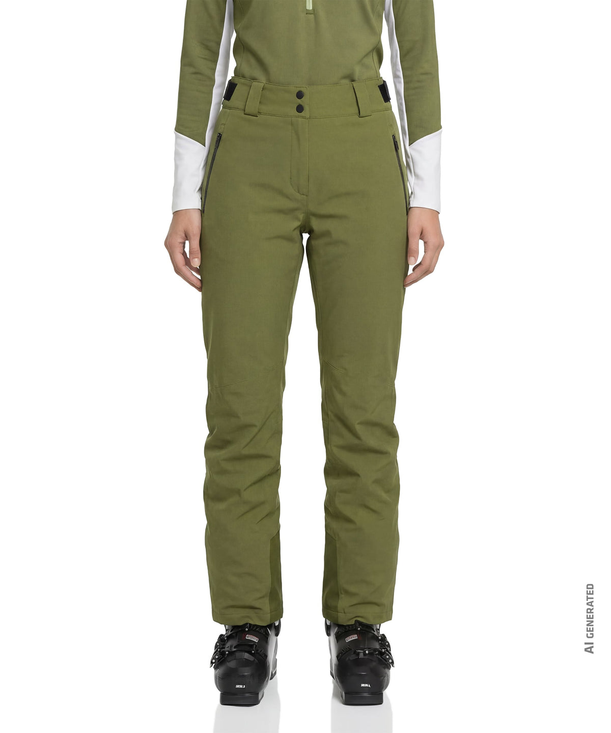 Olive green women’s pine ski pants with white side panels and black belt loops designed for winter
