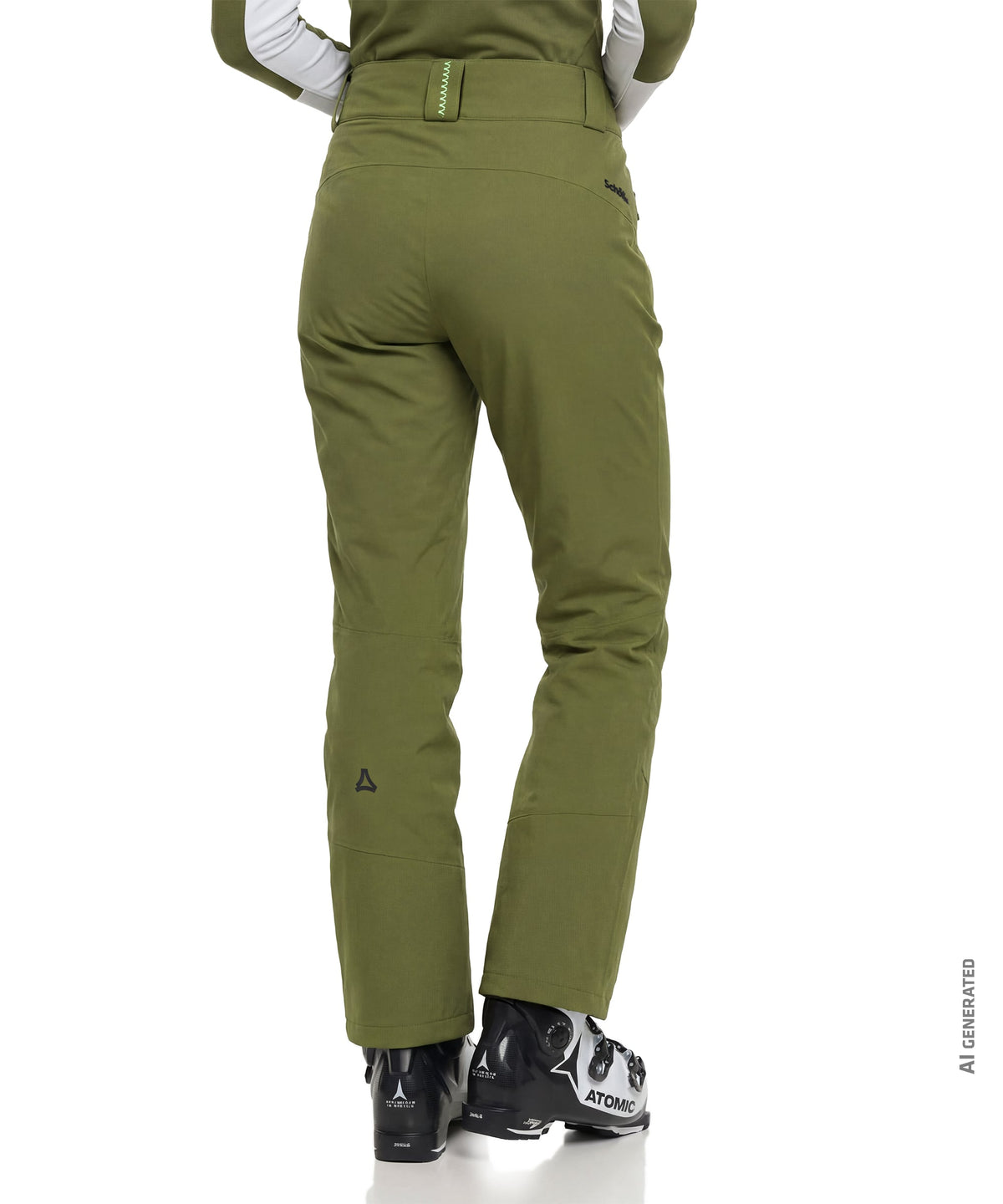 Women’s pine pants in olive green with sleek modern design and subtle logos on waistband and thigh