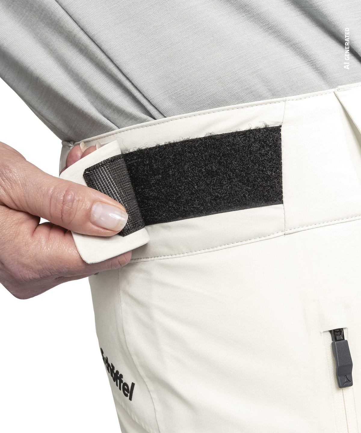 White velcro belt loop with black adhesive and white plastic tab on women’s pine pants nordic back