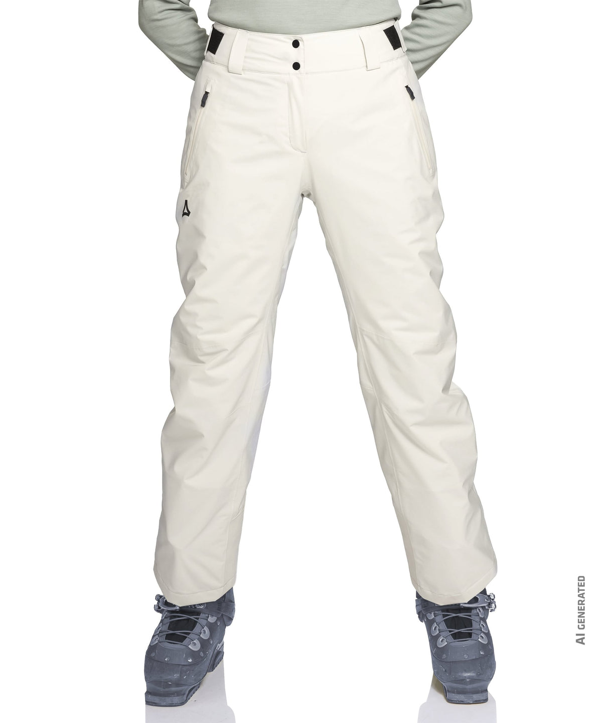 Women’s Pine Pants Nordic cream waterproof ski pants with black trim and triangular logo