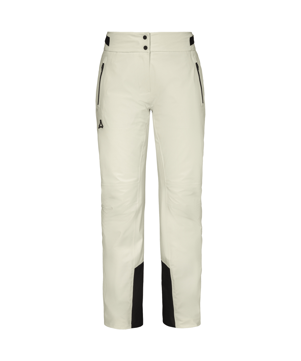 Cream-colored women’s Skayra ski pants with black side accents and a small thigh logo for Nordic