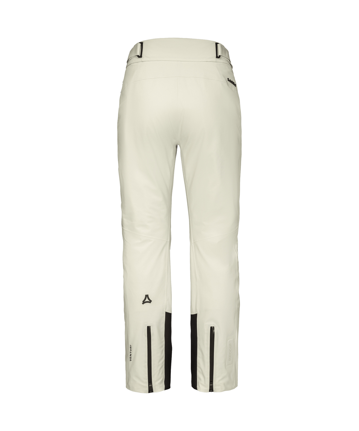Cream-colored women’s Skayra ski pants with black zipper accents and a subtle Nordic brand logo