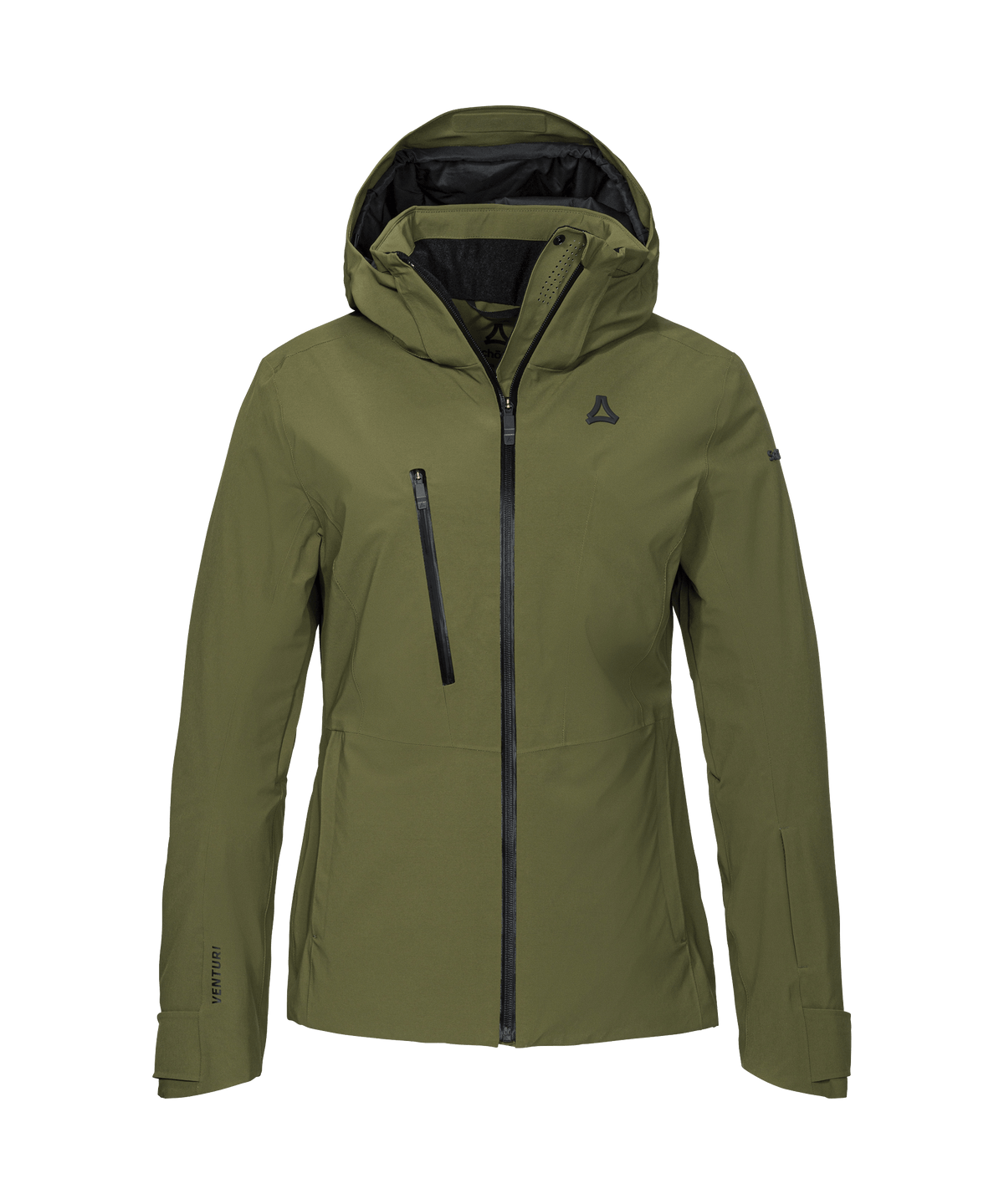 Olive green waterproof women’s pontre hiking jacket with black zippers and branded logo on the chest