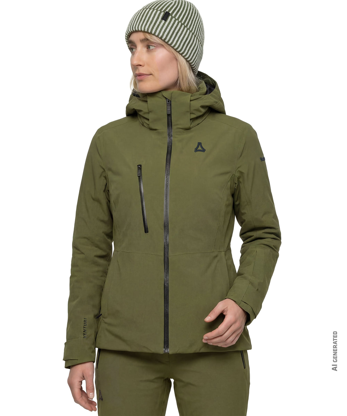 Women’s pontre olive green waterproof ski jacket with black zipper and logo detailing for cold