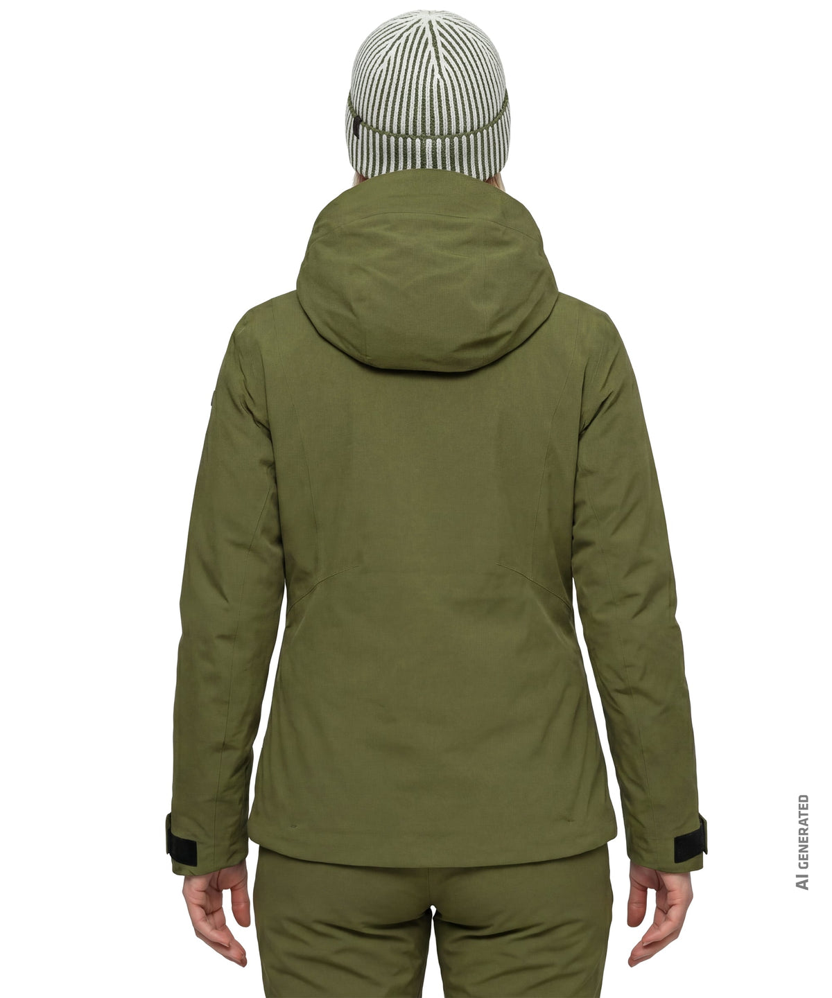 Women’s pontre olive green waterproof ski jacket with hood and black elastic cuffs for winter sports