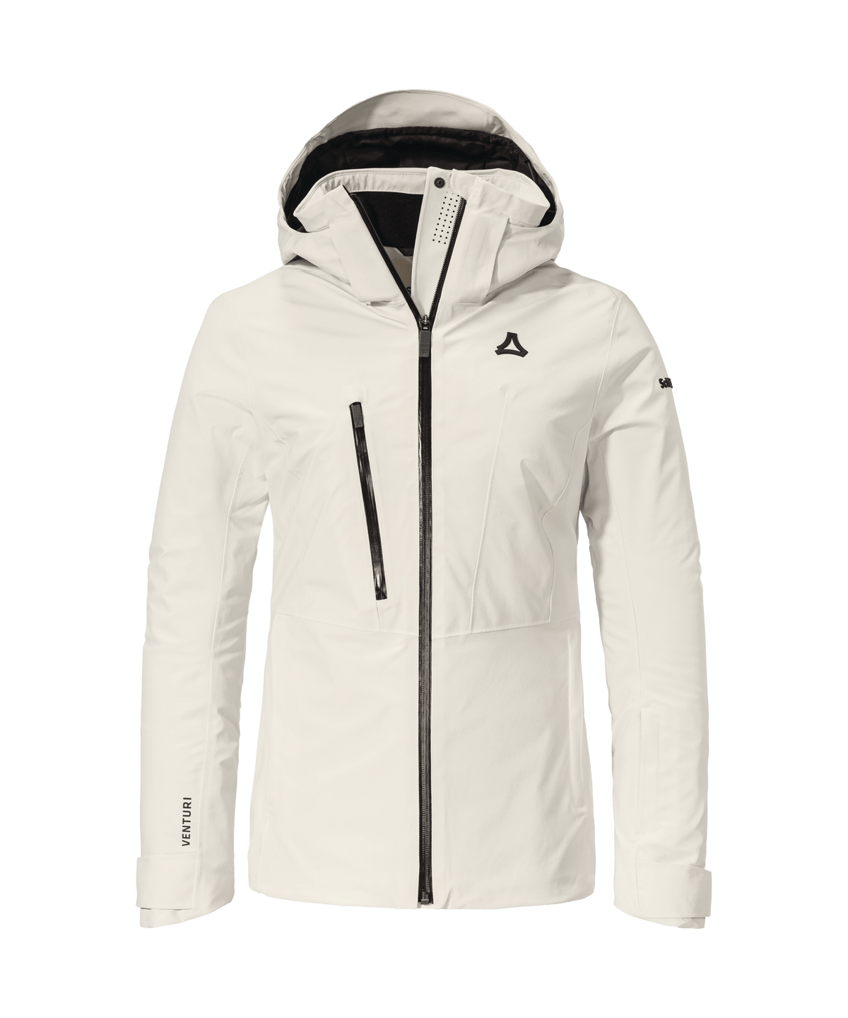 Women’s Pontre Jacket Nordic white venturi ski jacket with black zipper and hood lining for winter