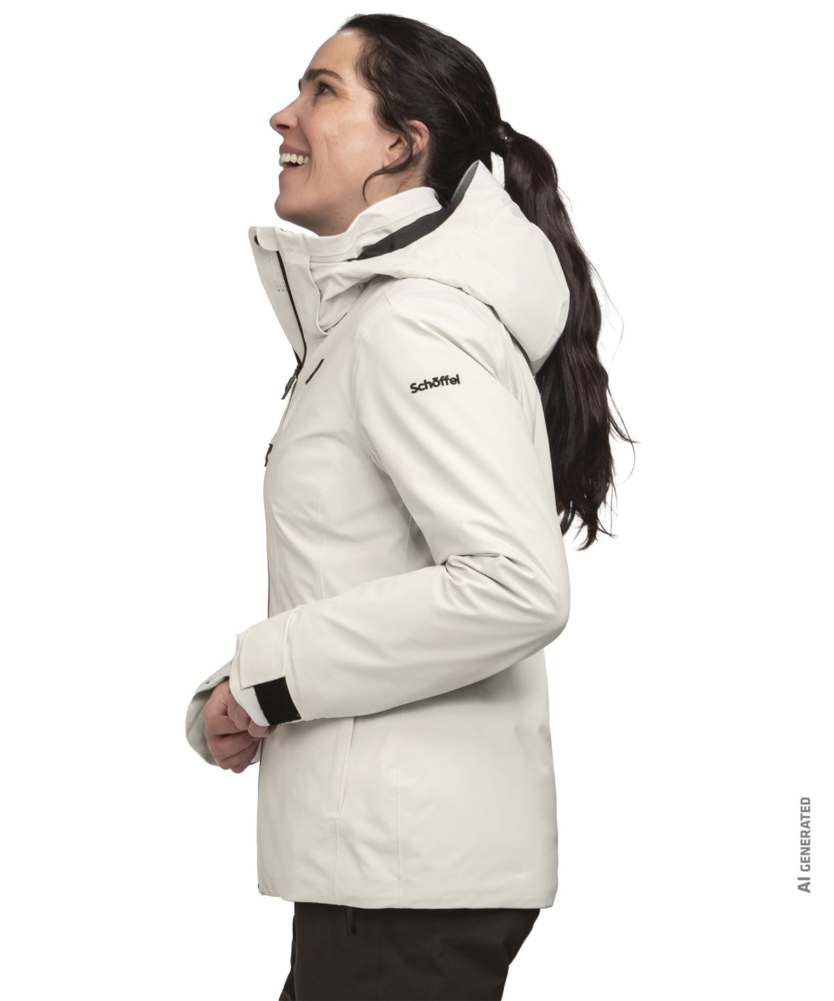 Cream-colored schoffel women’s waterproof pontre jacket with black trim on hood cuffs and zipper