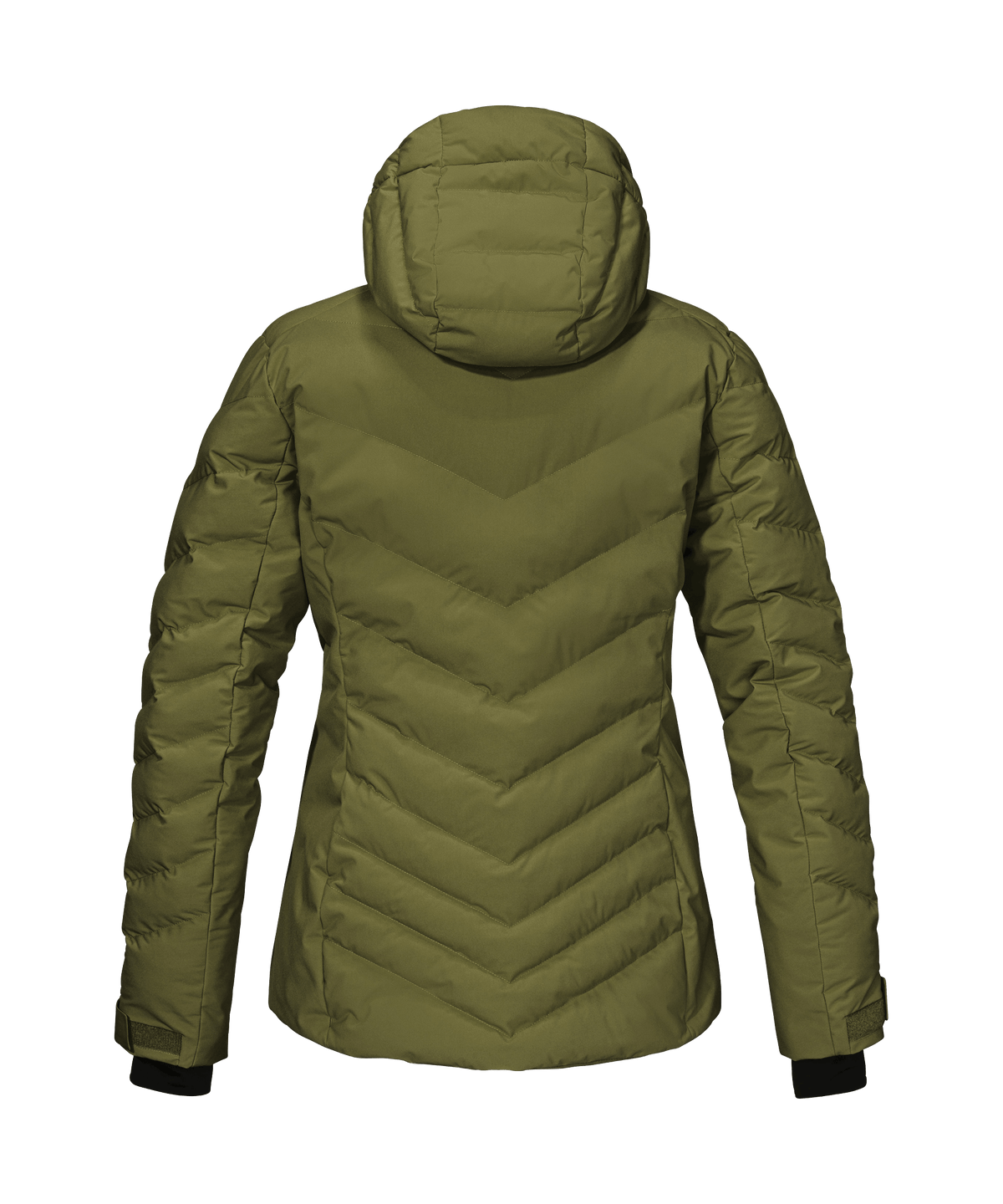 Women’s alerce jacket avocado branch olive green quilted puffer jacket with hood and black ribbed