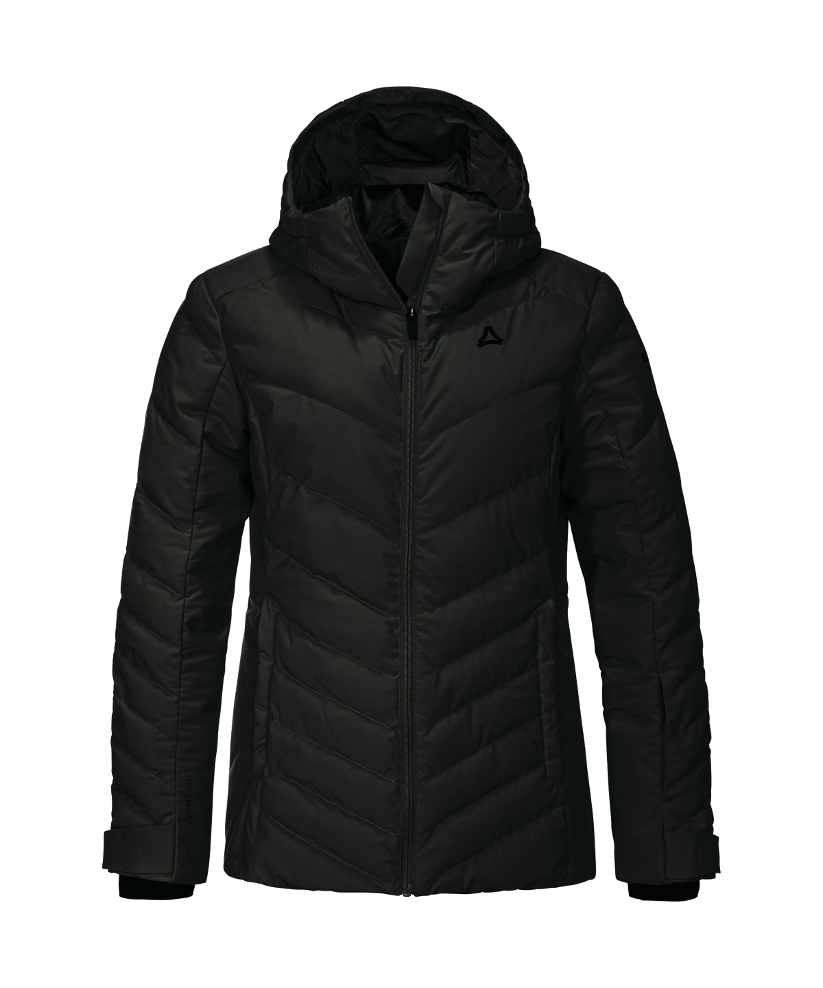 Black quilted puffer women’s Alerce jacket with hood and subtle triangular logo on the chest