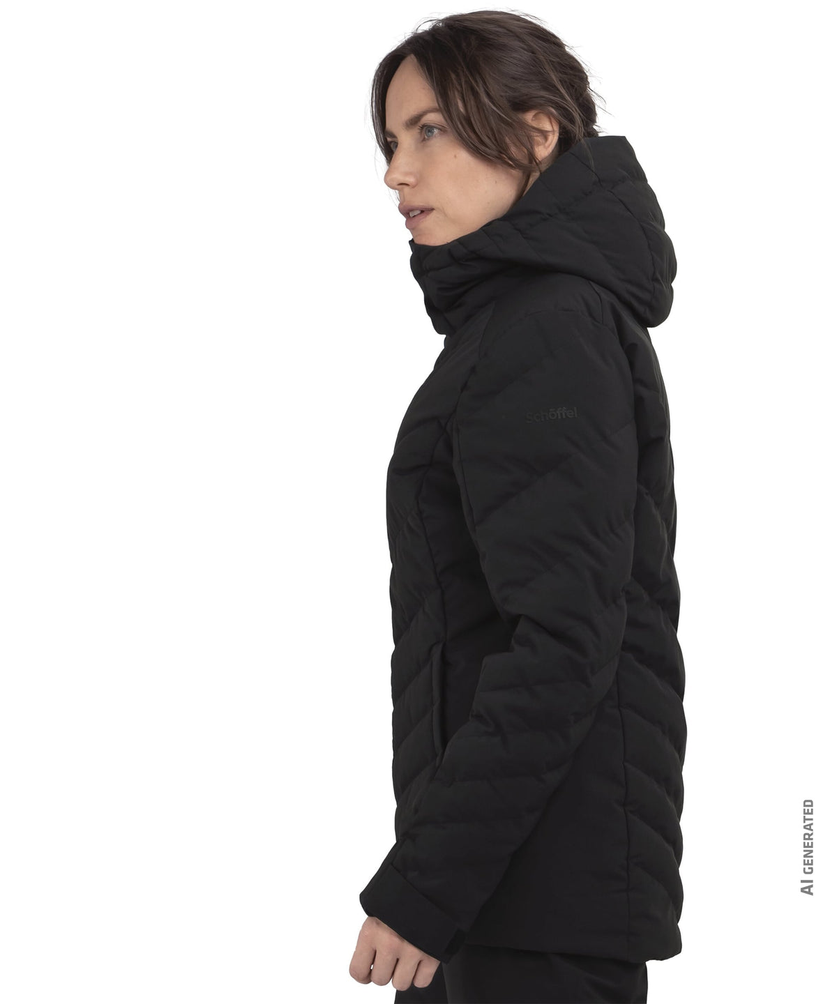 Black quilted puffer jacket with high collar and hood womens Alerce jacket for cold weather wear