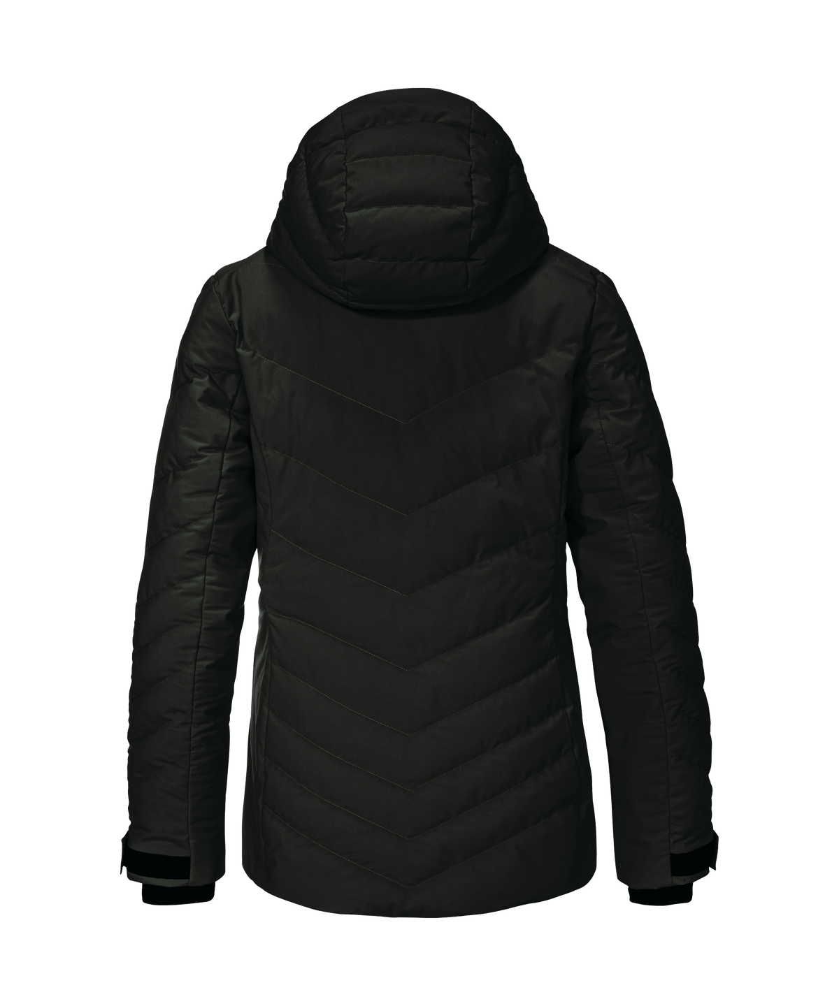 Women’s Alerce jacket black quilted puffer jacket with hood and chevron stitching pattern