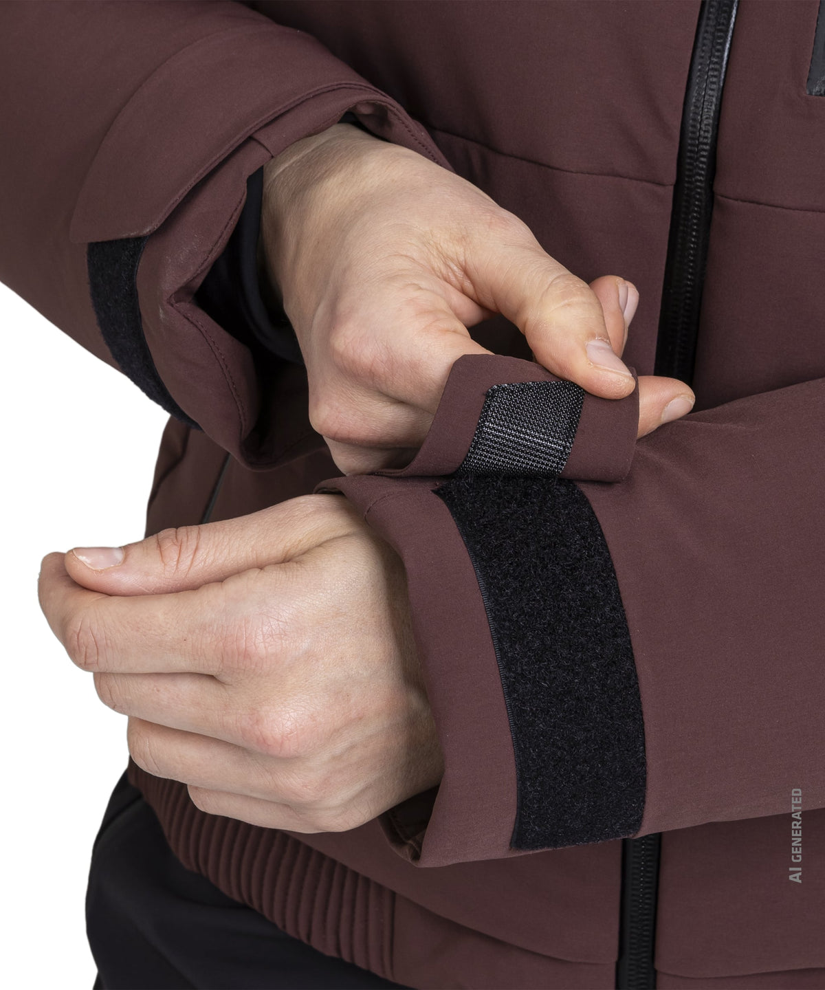 The women’s Radiana jacket dark twilight features a maroon puffer design with a black velcro cuff