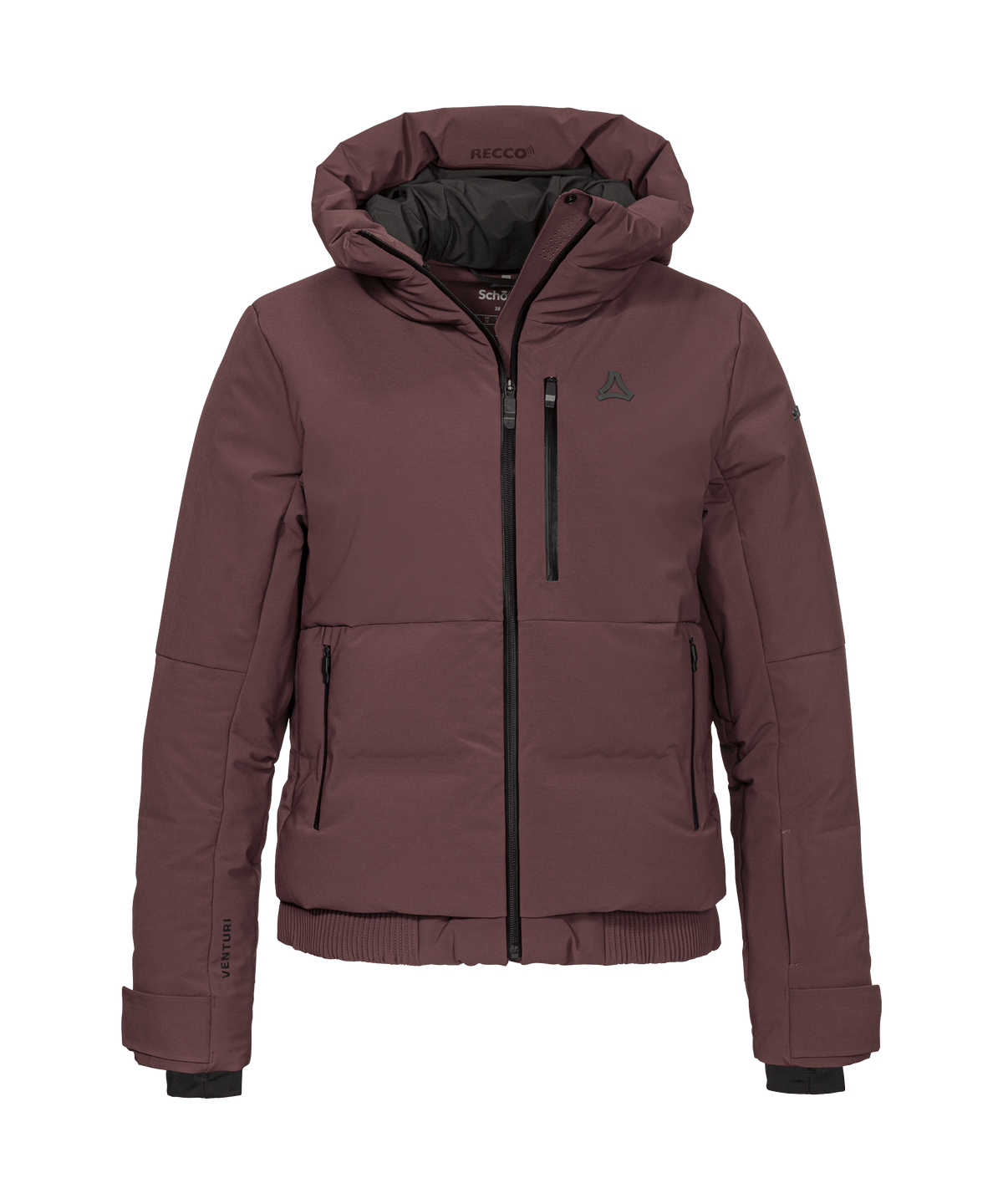 Maroon insulated women’s Radiana jacket with hood black zipper and subtle brand logo on the chest