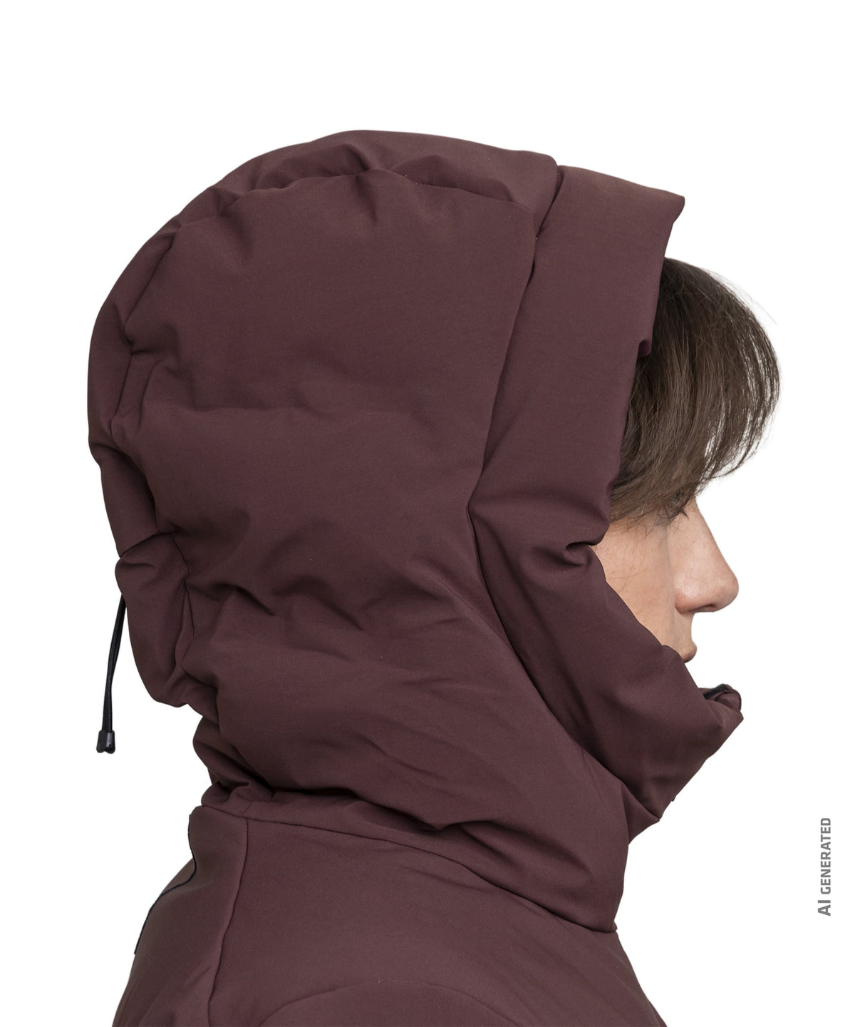 A plush deep burgundy quilted women’s radiana jacket with hood and adjustable drawstring in dark