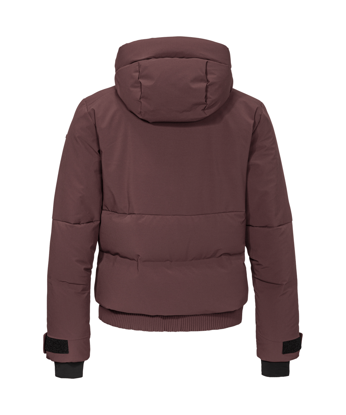 A puffy mauve women’s radiana jacket with a hood and ribbed cuffs in dark twilight color for winter