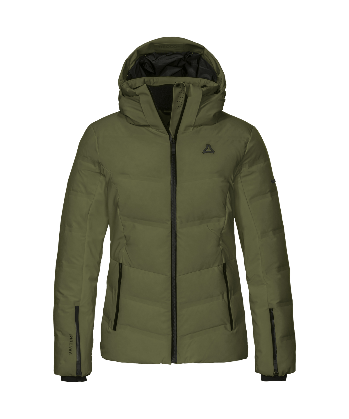 Women’s caldirola jacket avocado branch olive green puffer with black zipper trim and dark fabric
