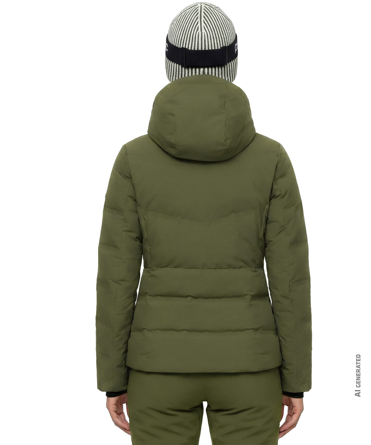 Olive green quilted puffer jacket with a hood for women featuring avocado branch design and warm