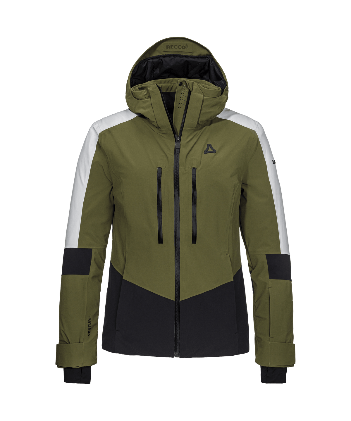 Women’s safuna jacket avocado branch olive green and white ski jacket with black accents hood