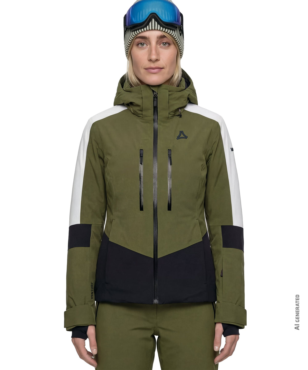 Women’s safuna jacket avocado branch in olive green and black with white shoulder panels for skiing