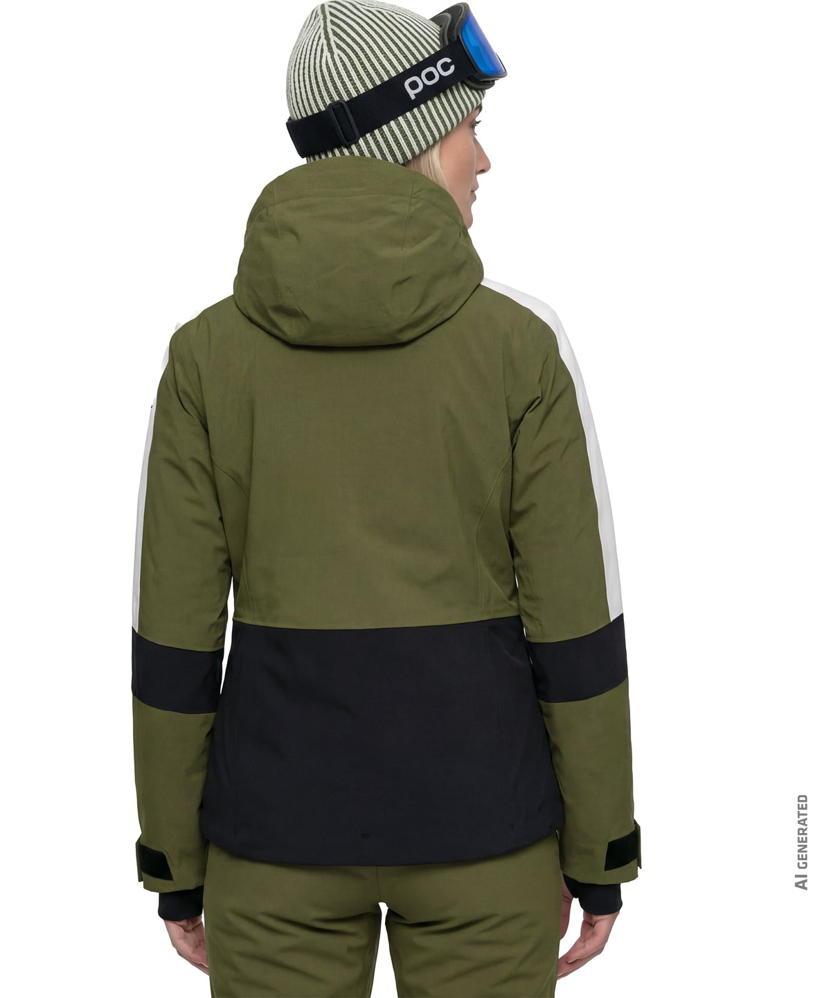 Women’s safuna avocado branch ski jacket in olive green black and white color-blocked design