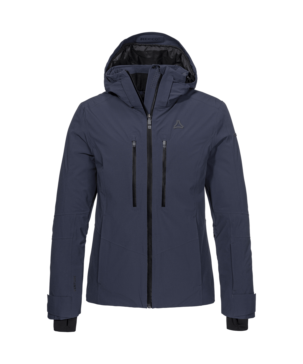 Women’s Safuna jacket navy blazer is a dark blue waterproof ski jacket with a hood and black zipper