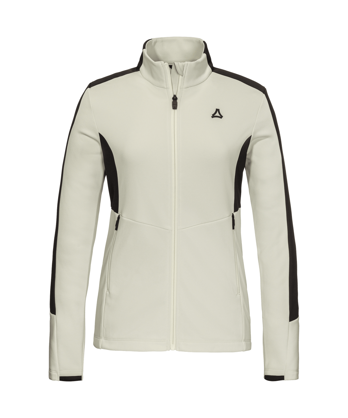 Cream-colored women’s immerso fleece jacket with black side panels and a small triangular logo
