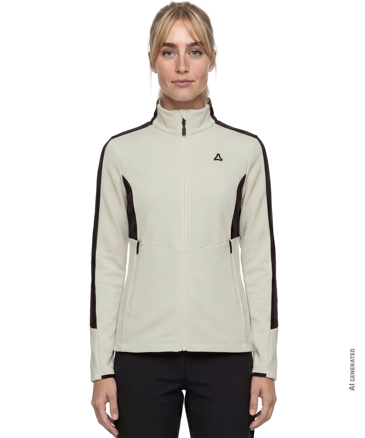 Cream-colored women’s immerso fleece jacket with black trim high collar and front zipper