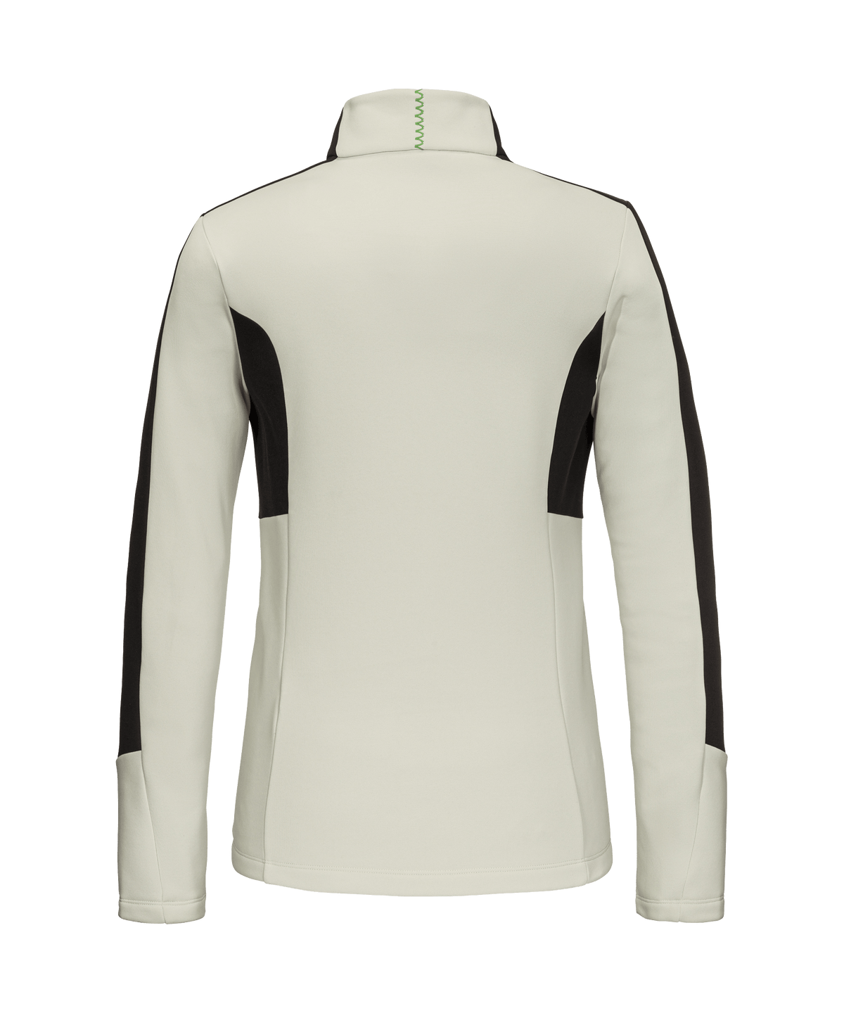 Cream-colored women’s immerso fleece jacket with black side panels and green stitching