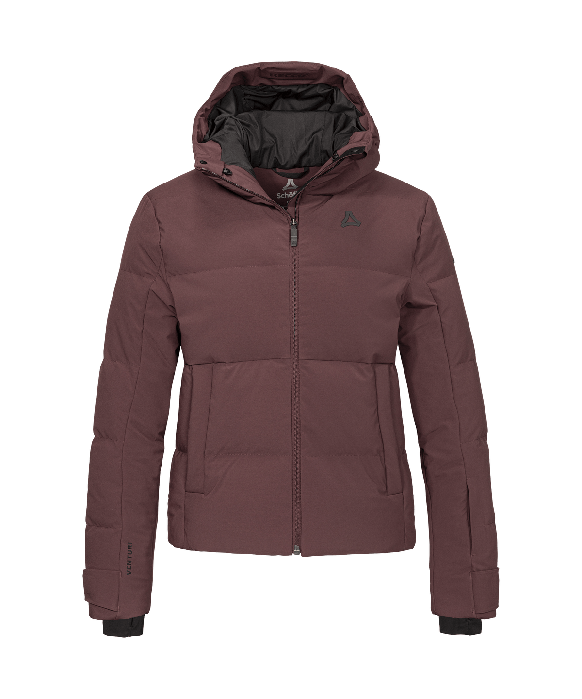Women’s lumineo jacket dark twilight maroon puffer with hood black inner lining and subtle logos